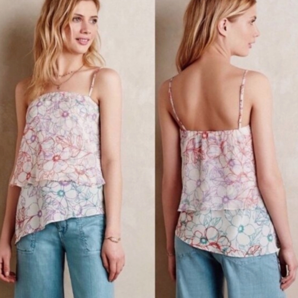 Anthropologie Floral Layered Spaghetti-Strap Tank Top in Pastel Multi